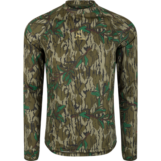 Early Bird Long Sleeve Performance Crew with Insect Repellent featuring camouflage pattern, ergonomic thumbholes, and breathable stretch fabric for outdoor protection and comfort.