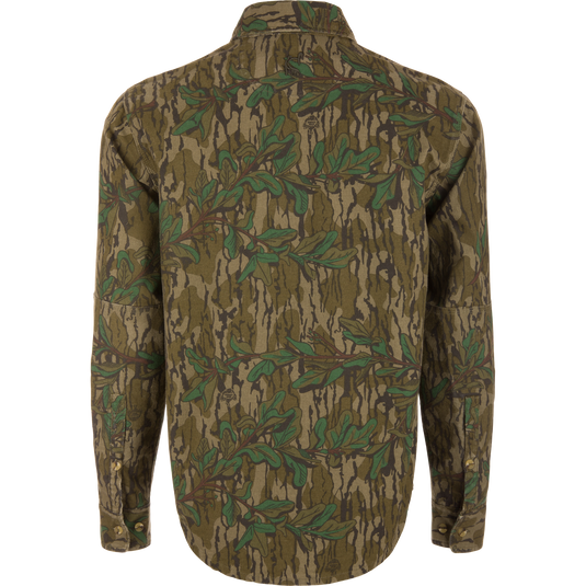 Back view of the Throwback 80 Button Down Field Shirt, showcasing durable 100% cotton twill fabric and reinforced forearms and elbows for outdoor use.