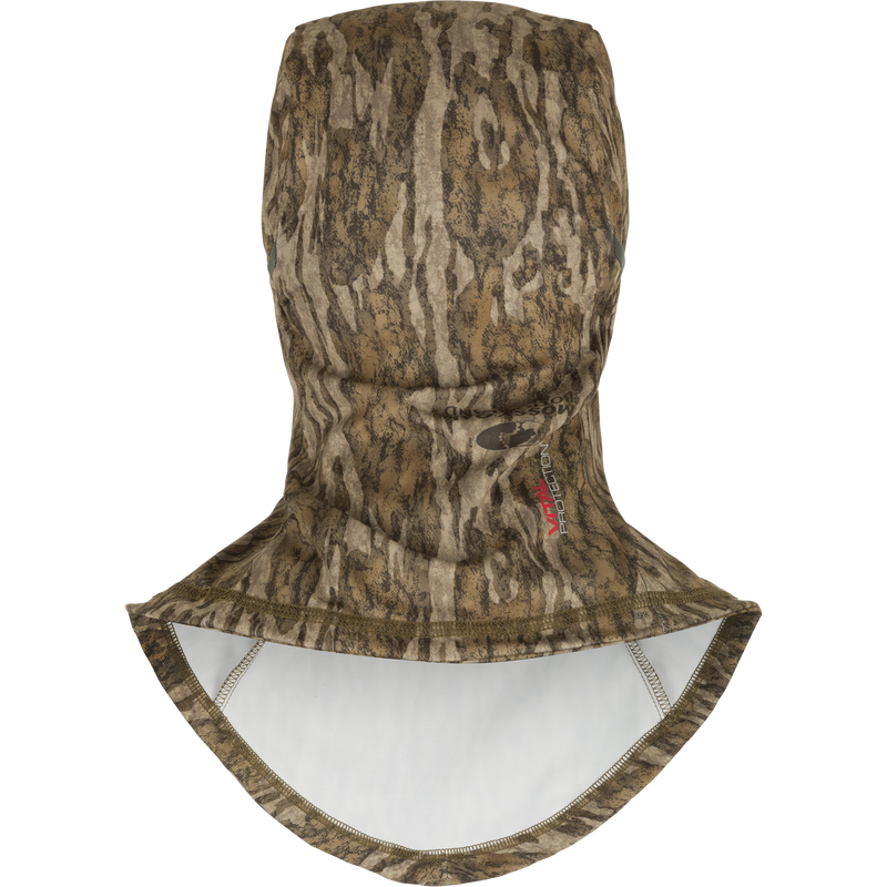 Early Bird Facemask with Insect Repellent featuring camouflage design, double-sided print, and micro vent holes for breathability, ideal for hunting and outdoor protection.