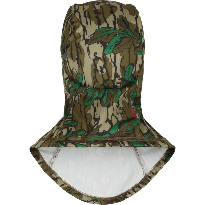 Early Bird Facemask with Insect Repellent, featuring camouflage pattern, micro vent holes, and longer neck for protection against insects, ideal for hunting and outdoor activities.