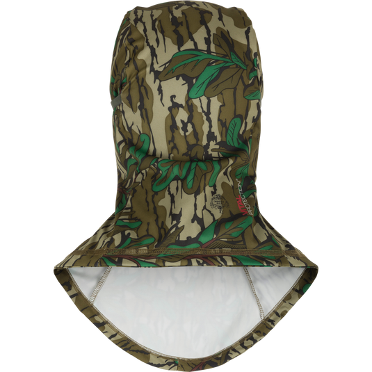 Early Bird Facemask with Insect Repellent, featuring camouflage pattern, micro vent holes, and longer neck for protection against insects, ideal for hunting and outdoor activities.