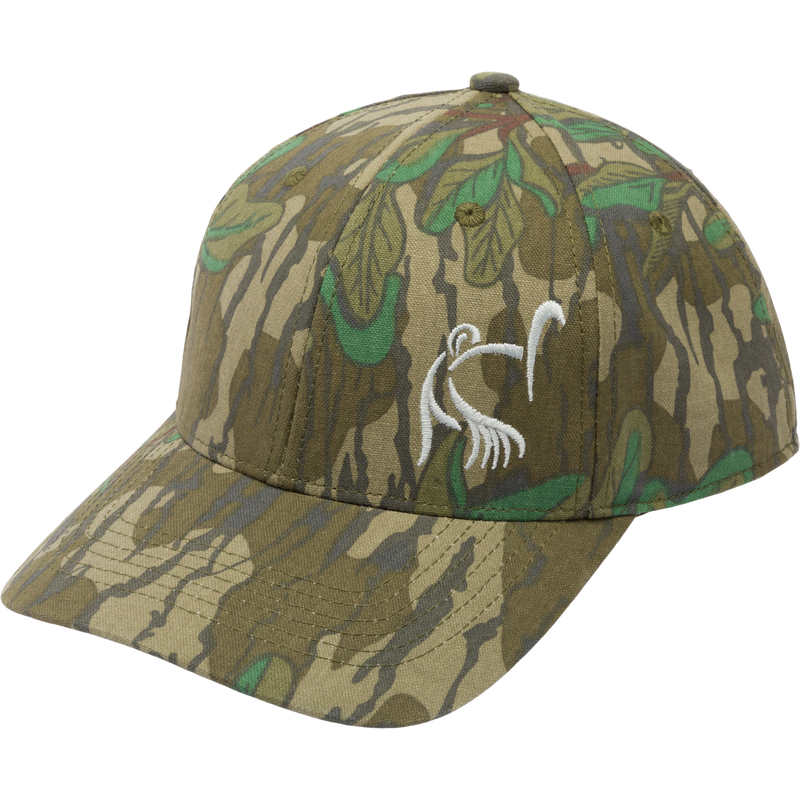 Side Logo Ball Cap featuring a camouflage pattern and white bird design; 6-panel construction, mid-profile fit, cotton sweatband, snapback closure for hunting enthusiasts.