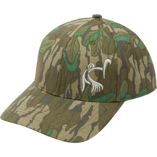 Side Logo Ball Cap featuring a camouflage pattern and white bird design; 6-panel construction, mid-profile fit, cotton sweatband, snapback closure for hunting enthusiasts.