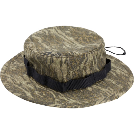 DUK Boonie Hat with black band, 100% cotton, features full brim, adjustable drawstring. Ideal for outdoor activities, providing comfort and sun protection.