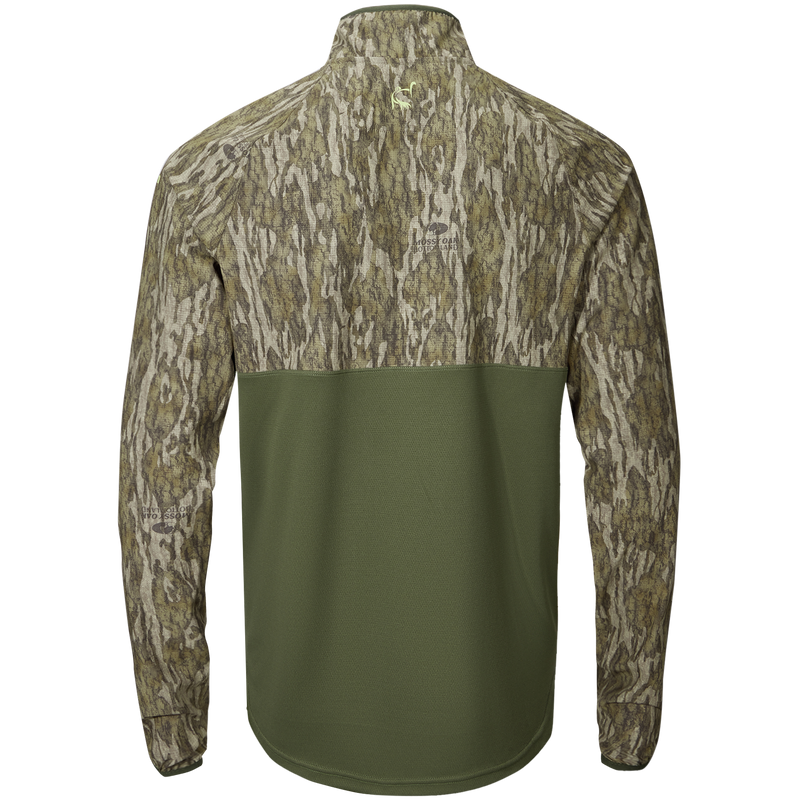 Eqwader Half Zip Pullover with Spider Web Technology featuring a close-up of its ergonomic design, breathable fabric, and secure chest pocket for hunting apparel enthusiasts.