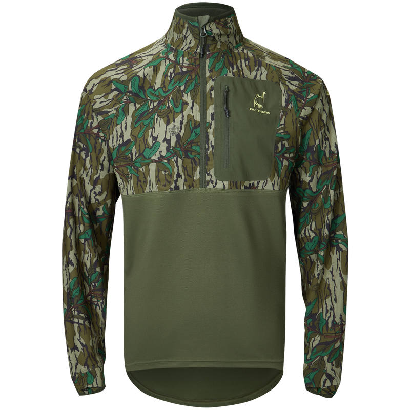 Eqwader Half Zip Pullover with Spider Web Technology, featuring ergonomic thumbholes and a YKK zippered chest pocket, designed for comfort and performance in hunting environments.