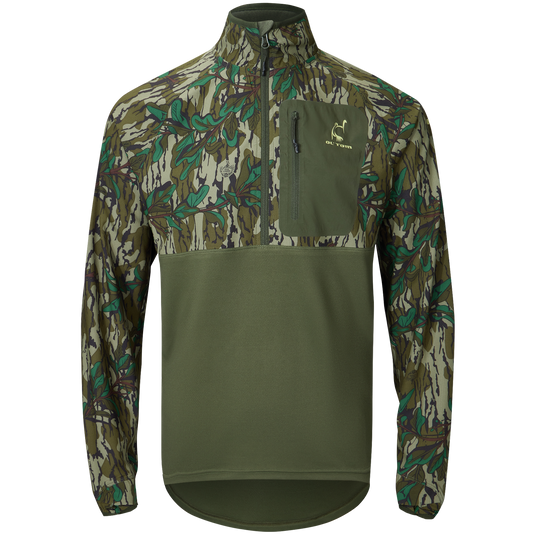 Eqwader Half Zip Pullover with Spider Web Technology, featuring ergonomic thumbholes and a YKK zippered chest pocket, designed for comfort and performance in hunting environments.