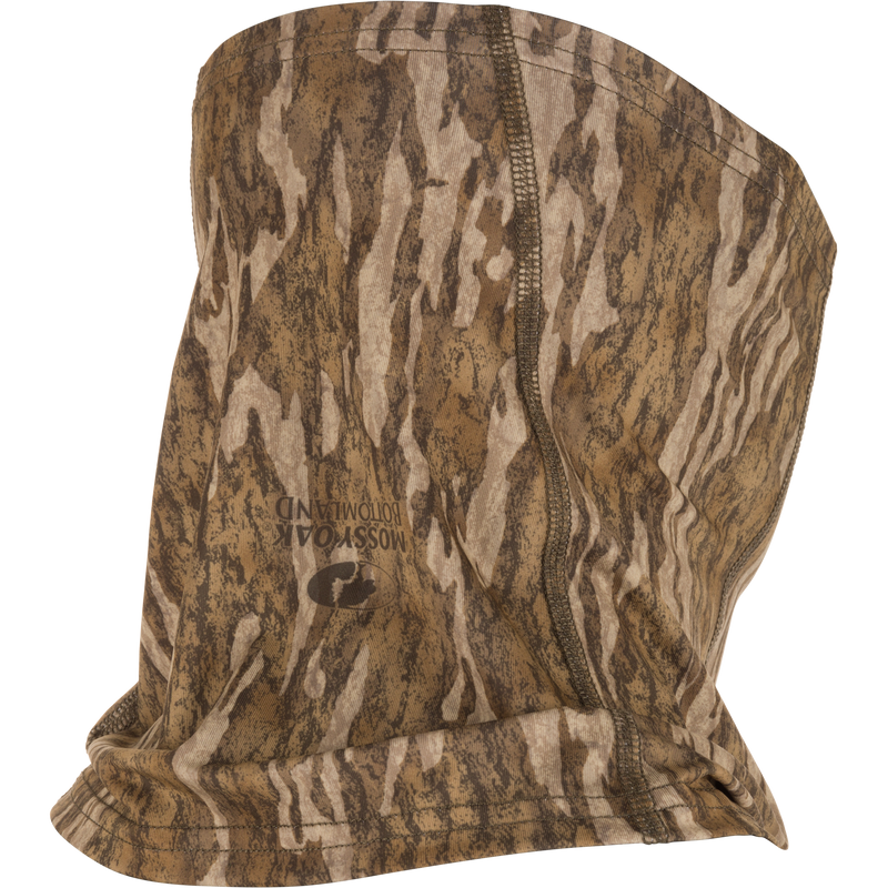 Performance Stretch-Fit Half Mask with camouflage pattern, featuring perforated nose and mouth holes for breathability, designed for comfort with polyester-spandex stretch knit material.