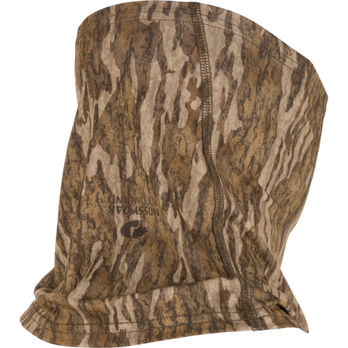 Performance Stretch-Fit Half Mask with camouflage pattern, featuring perforated nose and mouth holes for breathability, designed for comfort with polyester-spandex stretch knit material.