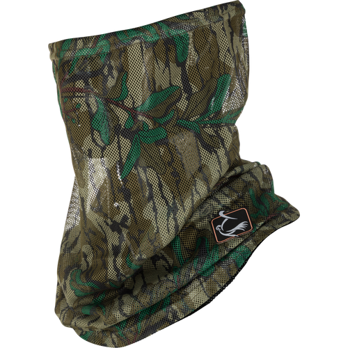 Performance Mesh Half Mask in camouflage design, featuring breathable polyester mesh and adjustable bungee for comfort, suitable for hunting and outdoor activities.