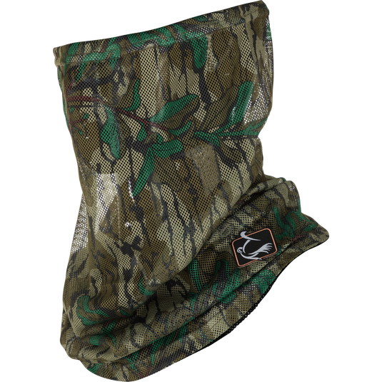 Performance Mesh Half Mask in camouflage design, featuring breathable polyester mesh and adjustable bungee for comfort, suitable for hunting and outdoor activities.