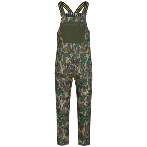 Turkey Bib with Spider Web Technology, featuring camouflage design, straps, stretch waist pockets, and reinforced knee and seat areas for enhanced mobility and durability in hunting.