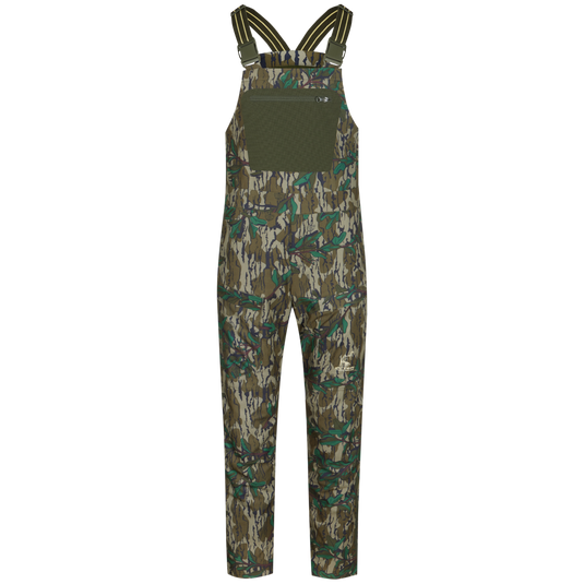 Turkey Bib with Spider Web Technology, featuring camouflage design, straps, stretch waist pockets, and reinforced knee and seat areas for enhanced mobility and durability in hunting.