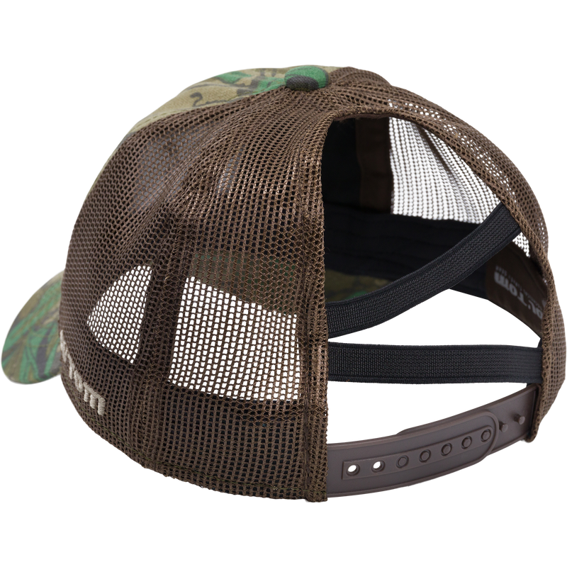 Women's Mesh Back Camo Ponytail Cap with 6-panel cotton construction and back ponytail panel, featuring a snapback closure and cooling sweatband for outdoor comfort.