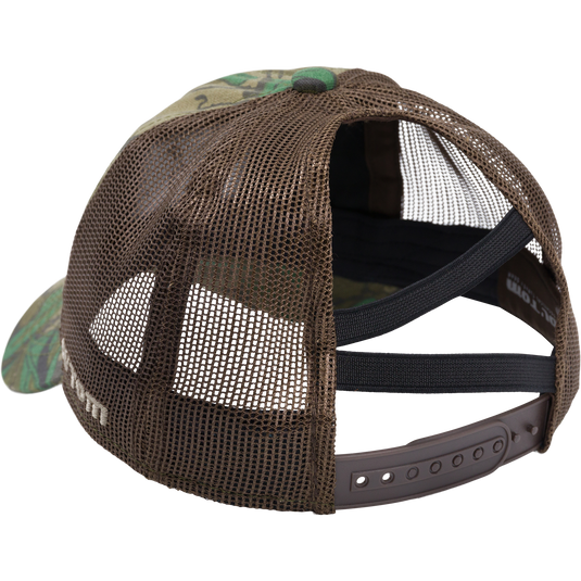 Women's Mesh Back Camo Ponytail Cap with 6-panel cotton construction and back ponytail panel, featuring a snapback closure and cooling sweatband for outdoor comfort.