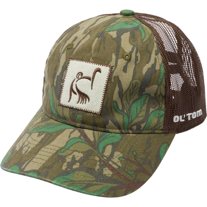 Women's Mesh Back Camo Ponytail Cap with logo, featuring mesh back, adjustable snapback closure, and ponytail opening for comfort and style.