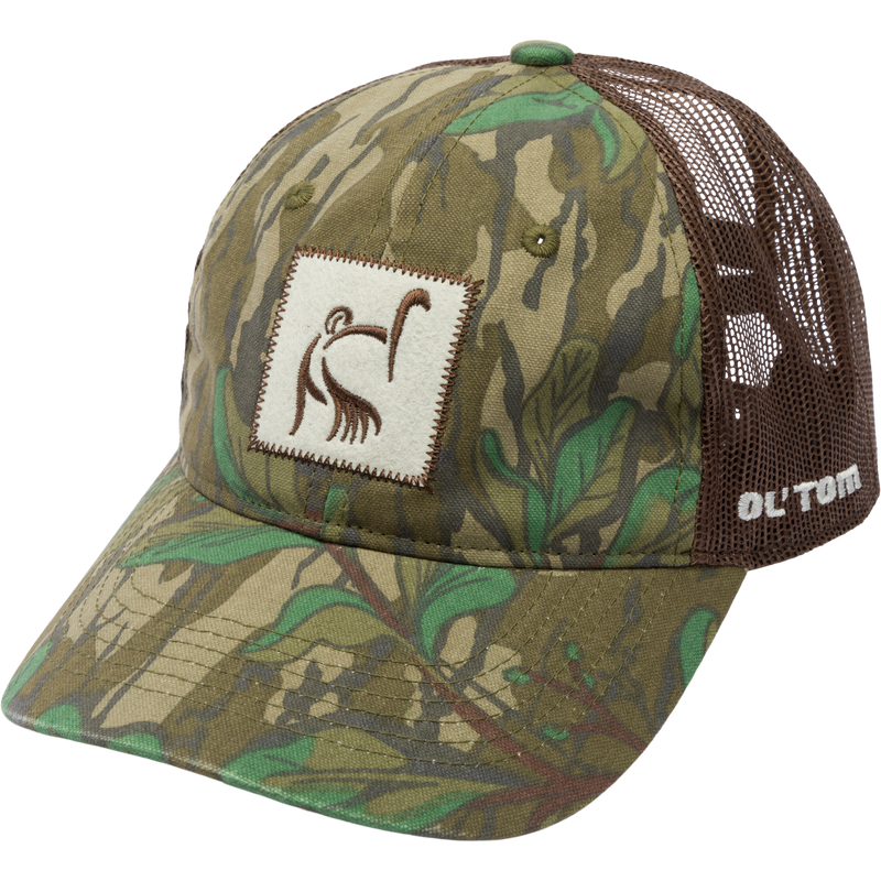 Women's Mesh Back Camo Ponytail Cap with logo, featuring mesh back, adjustable snapback closure, and ponytail opening for comfort and style.