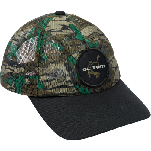 Ol' Tom Logo Mesh Hat with breathable 5-panel mesh, mid-profile fit, and snapback closure, featuring a prominent logo perfect for outdoor activities.