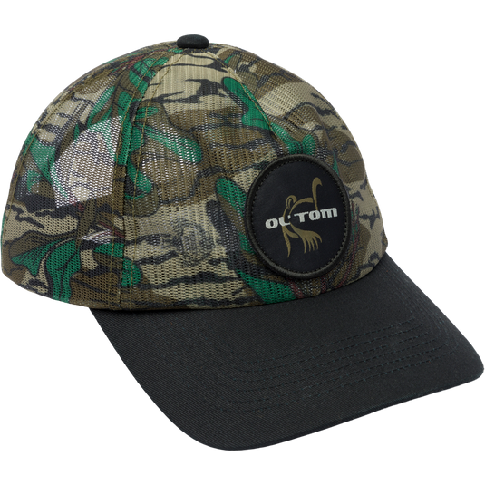 Ol' Tom Logo Mesh Hat with breathable 5-panel mesh, mid-profile fit, and snapback closure, featuring a prominent logo perfect for outdoor activities.