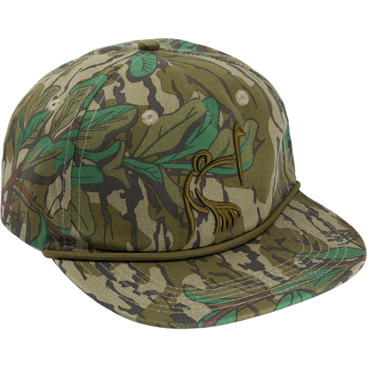 Ol' Tom X Lost Hat Goat Rope Cap features a bird design, durable polyester-cotton fabric, and embossed leather strap, ideal for outdoor adventures.