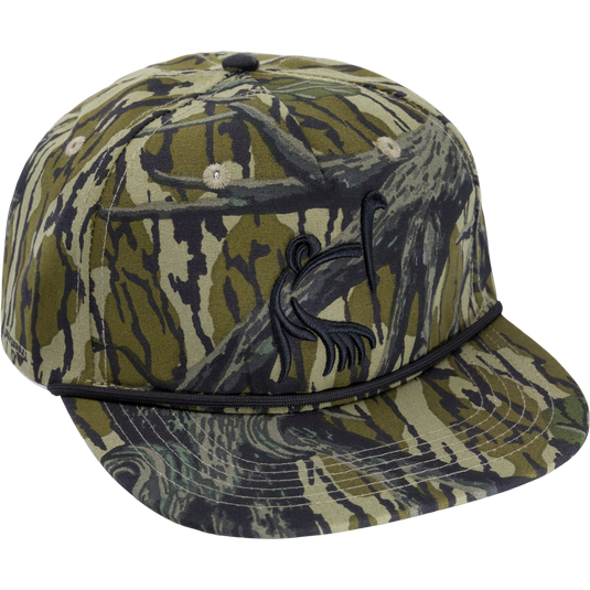 Ol' Tom X Lost Hat Goat Rope Cap featuring camouflage design, mid crown, durable 60% polyester, 40% cotton, with 550 paracord and leather rear adjustment.