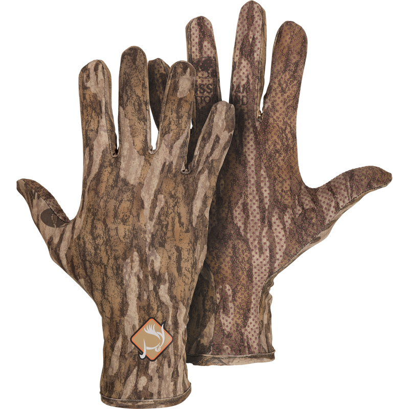 Performance Turkey Gloves featuring a logo, crafted from stretch knit material with silicone grip palms for enhanced dexterity, ideal for outdoor activities.