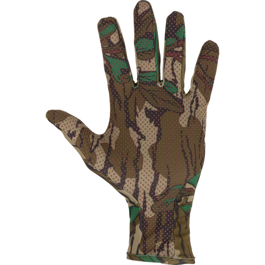 Performance Turkey Gloves featuring a camouflage pattern with silicone grip texture on the palm for secure hold, made from stretch knit polyester and spandex material.