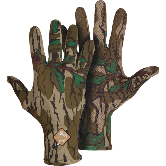 Performance Turkey Gloves with camouflage pattern, featuring silicone grip texture on the palm for secure hold; designed for comfort and dexterity with stretch knit material.