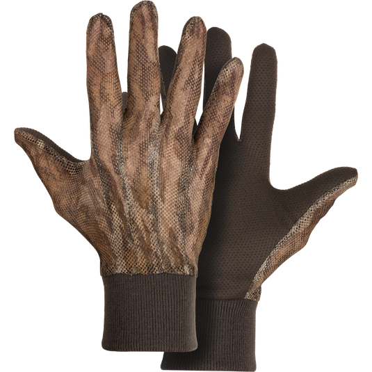 Performance Mesh Turkey Gloves with breathable mesh back, rubberized gripper dot palms, and knit cuff, designed for comfort and secure grip during turkey hunting.