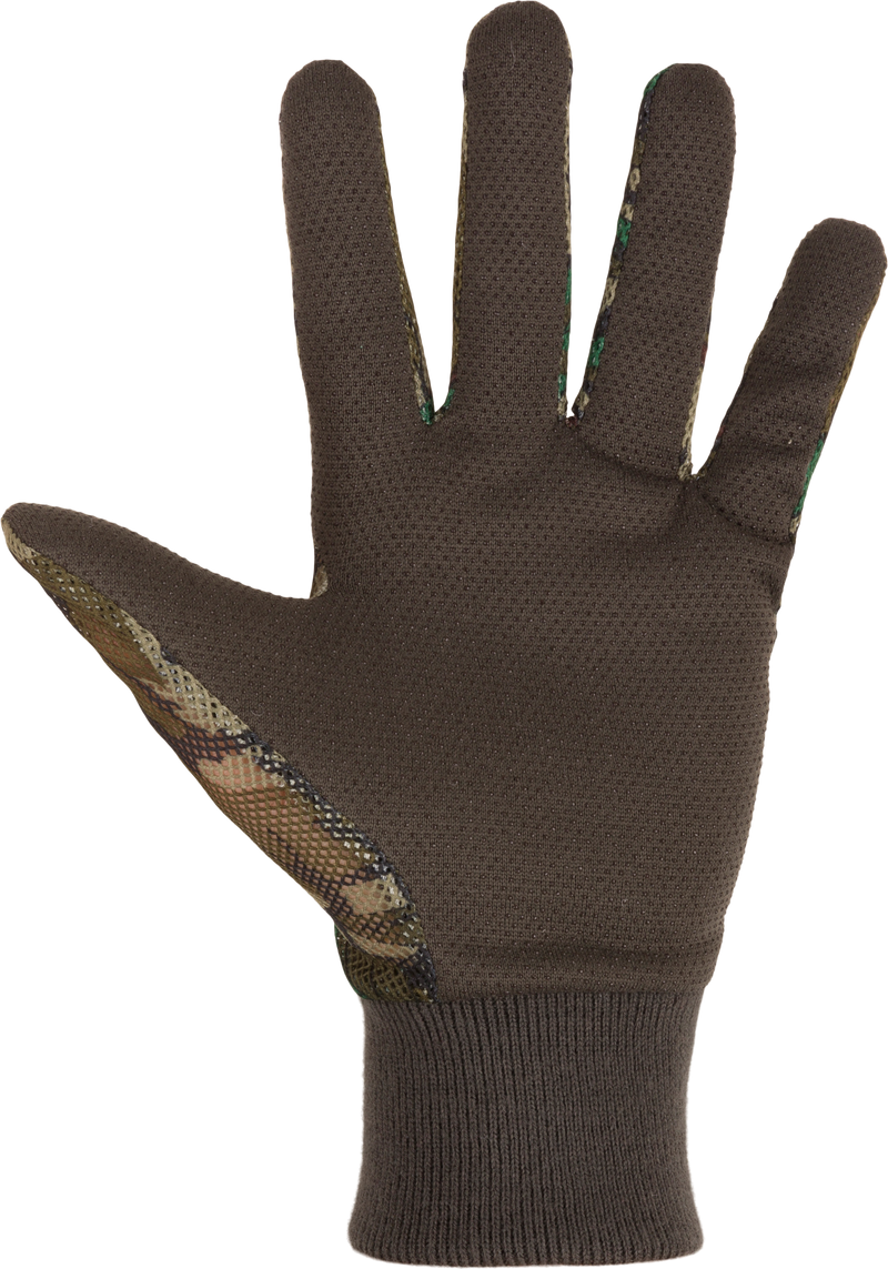 Performance Mesh Turkey Gloves with camouflage pattern, featuring breathable mesh back, rubberized gripper dot palms, and comfortable knit cuff for secure fit.