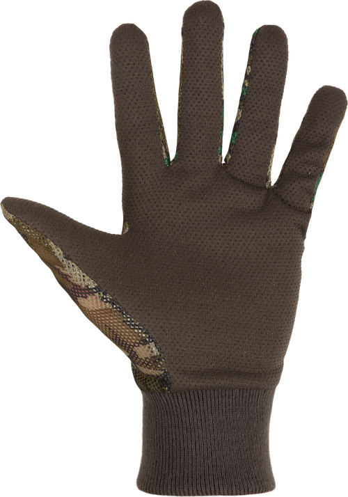 Performance Mesh Turkey Gloves with camouflage pattern, featuring breathable mesh back, rubberized gripper dot palms, and comfortable knit cuff for secure fit.