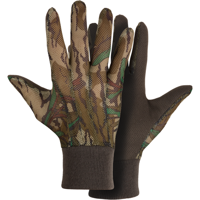 Performance Mesh Turkey Gloves with camouflage pattern, featuring breathable mesh back, rubberized gripper dot palms, and comfortable knit cuffs, ideal for turkey hunting.