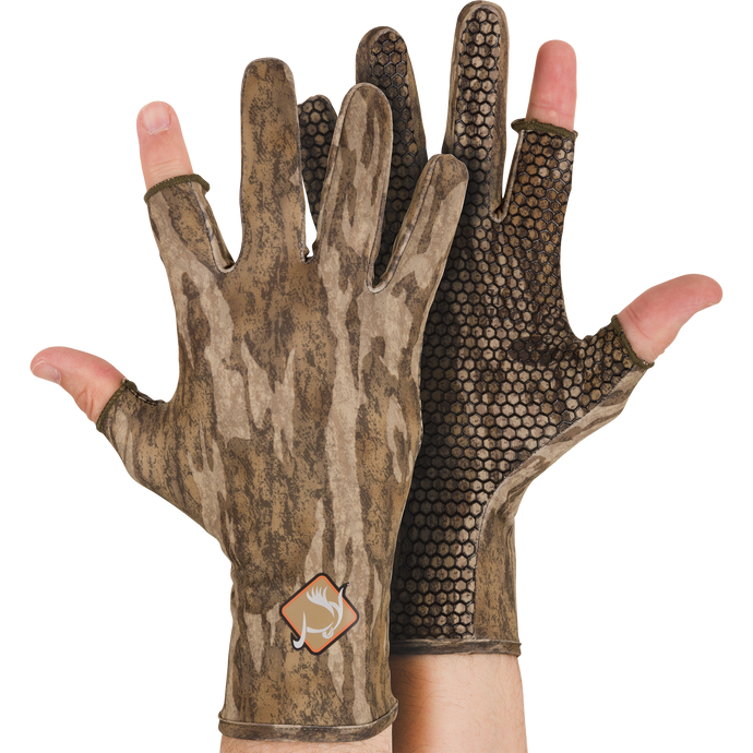 Performance Stretch-Fit Shooter Turkey Gloves with silicone grip texture on palms, designed for optimal control and flexibility in outdoor activities, showcased on gloved hands.