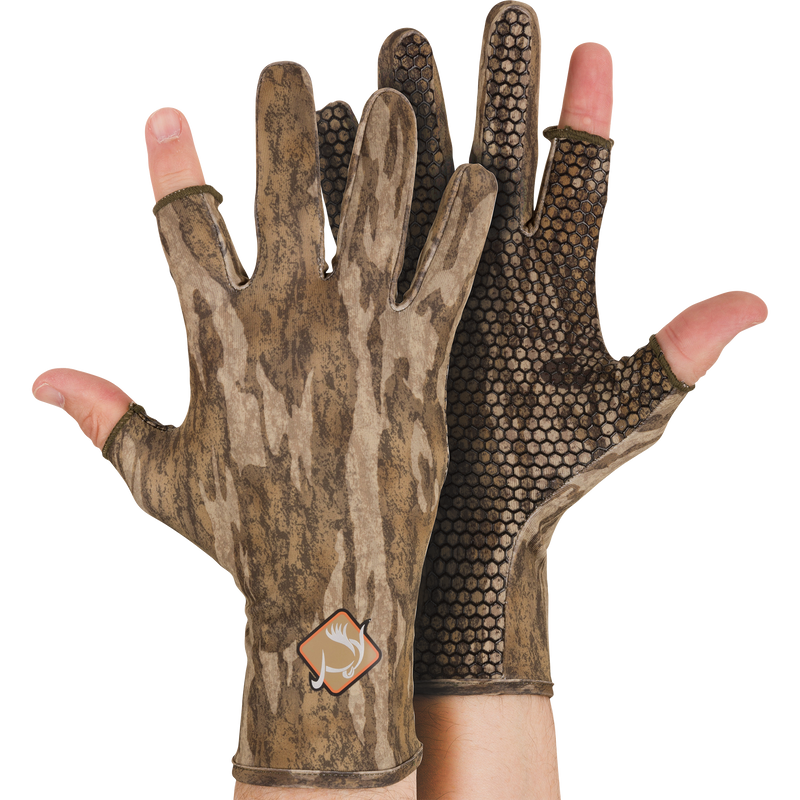 Performance Stretch-Fit Shooter Turkey Gloves with silicone grip texture on palms, designed for optimal control and flexibility in outdoor activities, showcased on gloved hands.