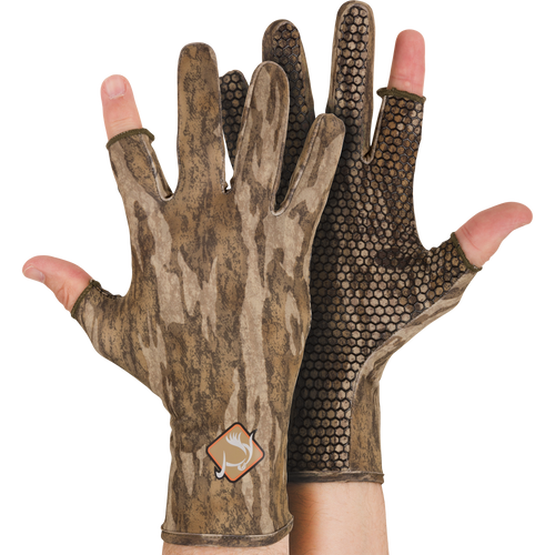 Performance Stretch-Fit Shooter Turkey Gloves with silicone grip texture on palms, designed for optimal control and flexibility in outdoor activities, showcased on gloved hands.