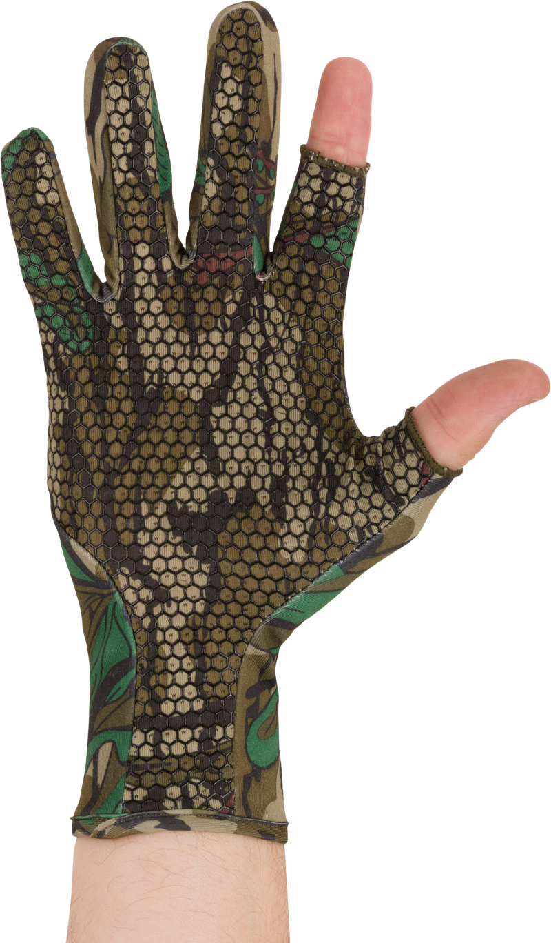 Performance Stretch-Fit Shooter Turkey Gloves with extended finger, showcasing silicone grip texture on palms, designed for optimal control in outdoor activities.