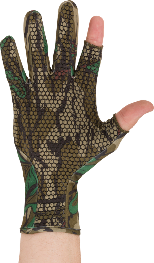 Performance Stretch-Fit Shooter Turkey Gloves with extended finger, showcasing silicone grip texture on palms, designed for optimal control in outdoor activities.