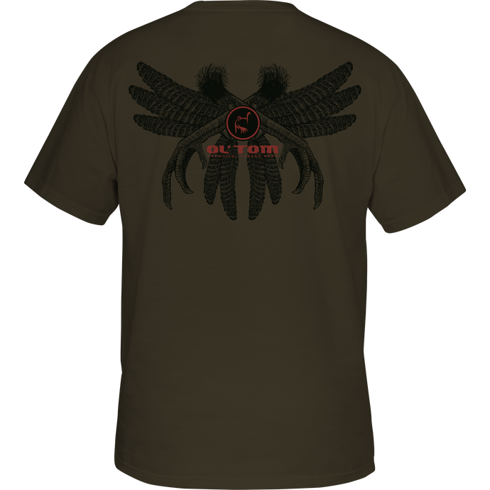 Ol' Tom Spur and Feather T-Shirt showcasing a stylized bird talons and feathers graphic on the back, ideal for hunting enthusiasts seeking comfort and style.