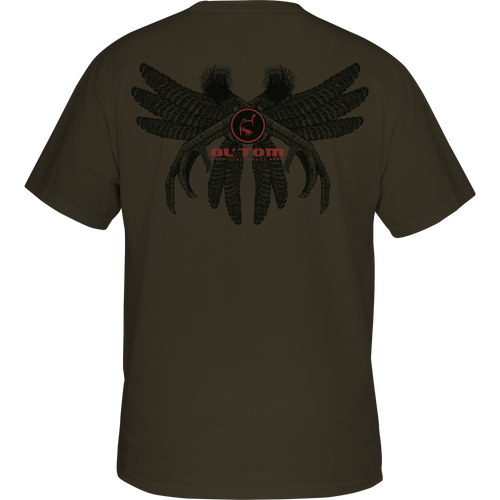 Ol' Tom Spur and Feather T-Shirt showcasing a stylized bird talons and feathers graphic on the back, ideal for hunting enthusiasts seeking comfort and style.