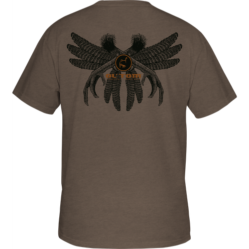 Ol' Tom Spur and Feather T-Shirt featuring a back graphic of stylized crossed talons with feathers and Ol’ Tom logo, ideal for hunting enthusiasts.