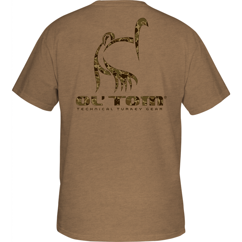 Classic Ol' Tom Logo T-Shirt featuring a camo pattern and Ol’ Tom turkey logo on the back, crafted for comfort with a cotton-polyester blend.