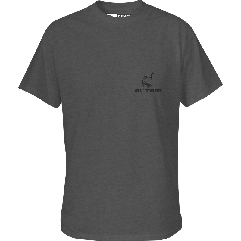 Ol' Tom Talons T-Shirt featuring the Ol' Tom turkey logo on the front pocket and a stylized turkey talon with logo on the back.