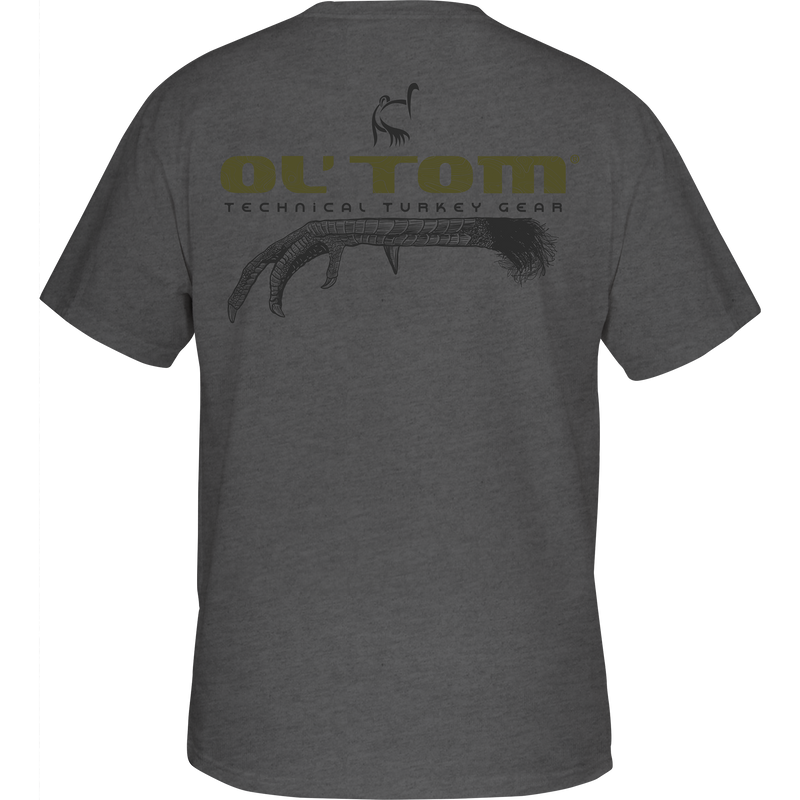 Ol' Tom Talons T-Shirt featuring a stylized turkey talon and Ol' Tom logo on front pocket, ideal for comfort and style.