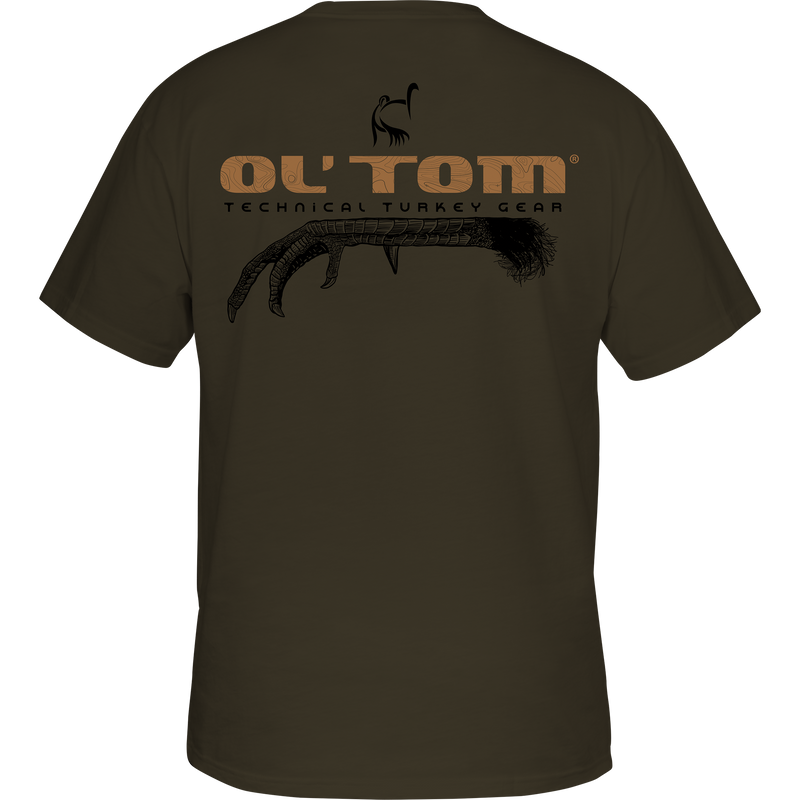 Ol' Tom Talons T-Shirt featuring a stylized turkey talon and Ol' Tom logo on the back, ideal for hunting and casual wear.