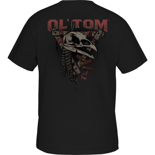 Ol' Tom Gobbler Skull T-Shirt featuring a turkey skull with feathers and shotgun shells graphic on the back.