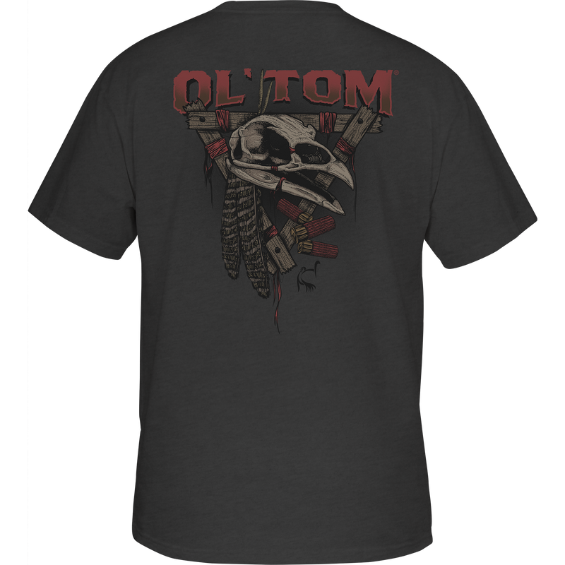 Ol' Tom Gobbler Skull T-Shirt with turkey skull, feathers, and shotgun shells graphic on the back; Ol' Tom logo on front pocket.