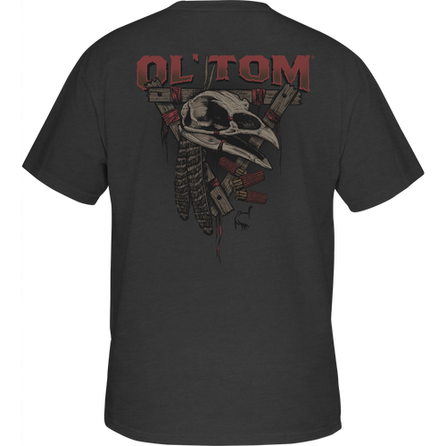 Ol' Tom Gobbler Skull T-Shirt with turkey skull, feathers, and shotgun shells graphic on the back; Ol' Tom logo on front pocket.