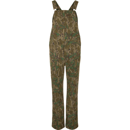 Throwback 80 Field Bib in camouflage, featuring sturdy cotton twill, reinforced knees, and antique brass details, designed for durability in demanding environments.