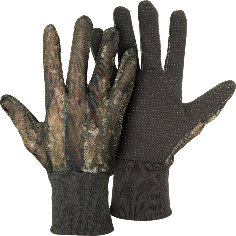 Mesh-Backed Gloves with camouflage mesh for breathability and rubberized grip palm, ideal for hunting and outdoor activities.