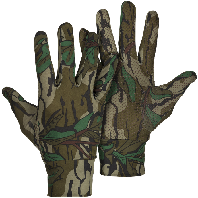 Stretch Fit Gloves with camouflage pattern, featuring stretch lycra for dexterity and rubberized palm grip for secure hold, ideal for hunting.